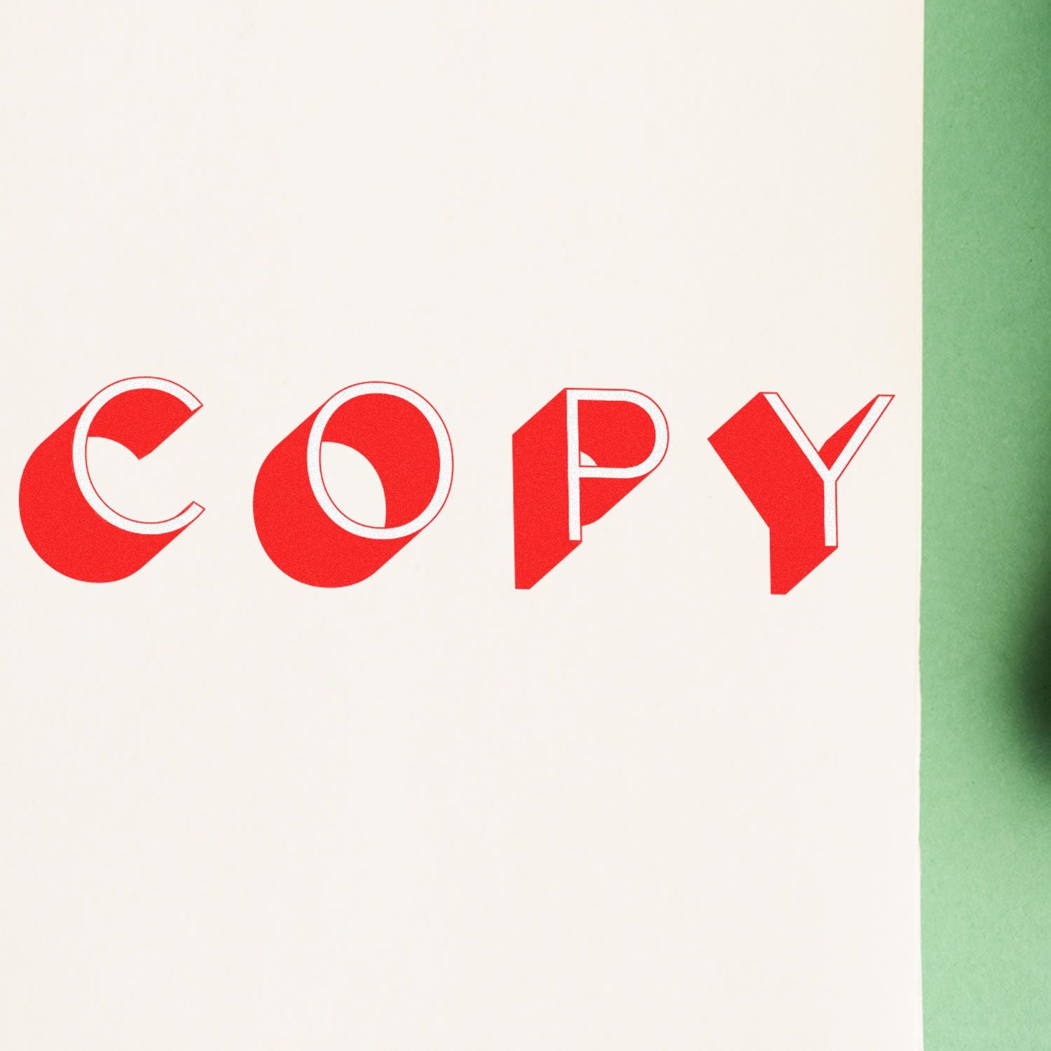 Red COPY text on cream paper with green edge, promoting photocopying and printing services.