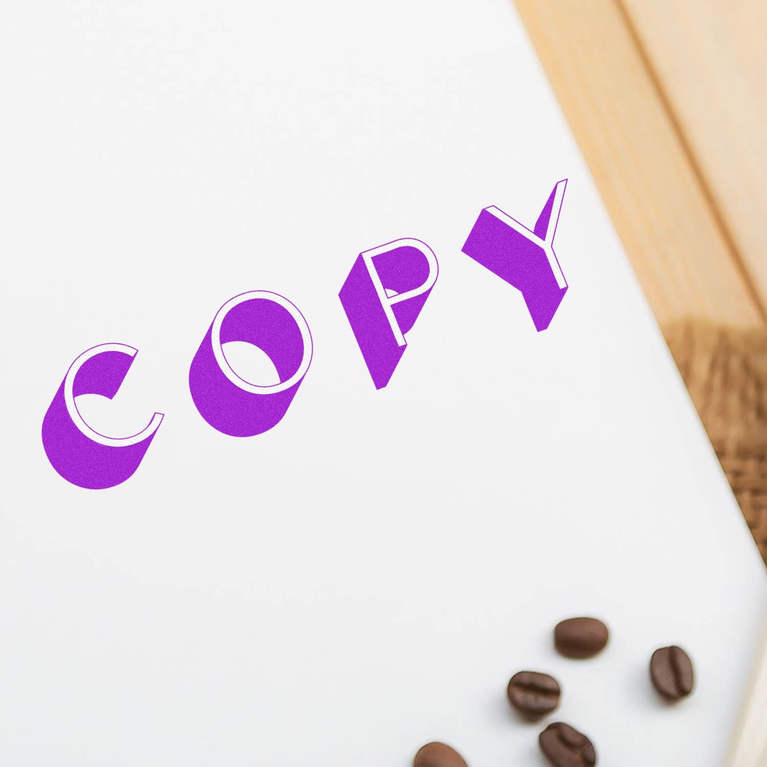Purple coffee shop icons (cappuccino, espresso, menu) over white background with roasted coffee beans.