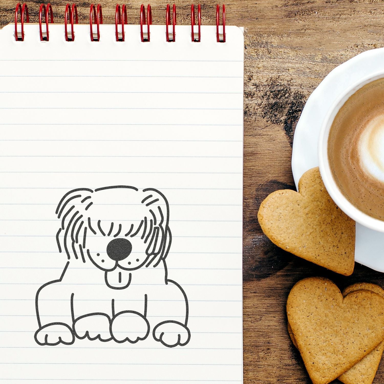 Notebook with cute dog illustration beside a cup of coffee and heart-shaped cookies on a rustic wooden table.