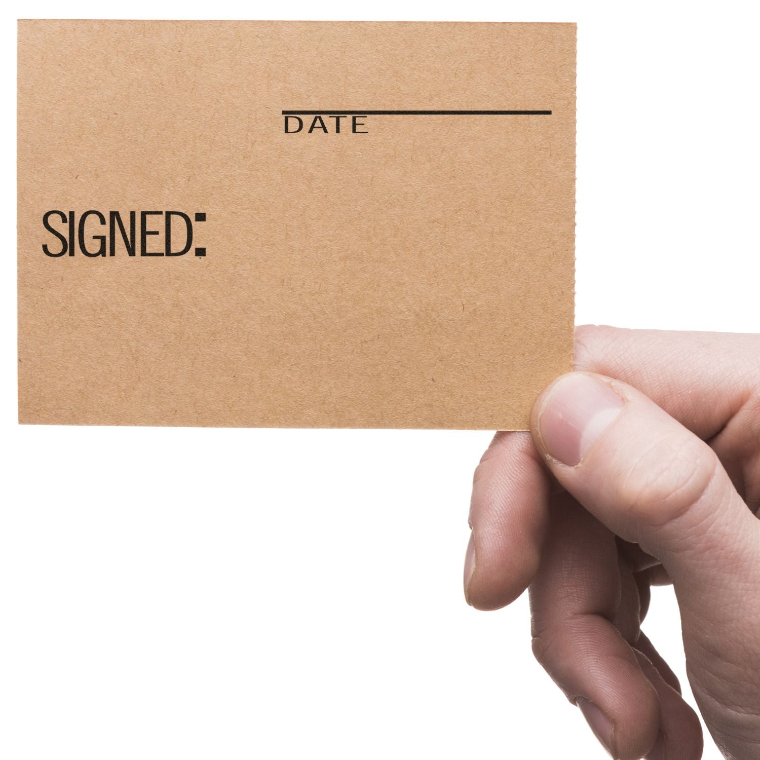 Hand holding a blank signed and dated kraft paper card template with signature and date fields.