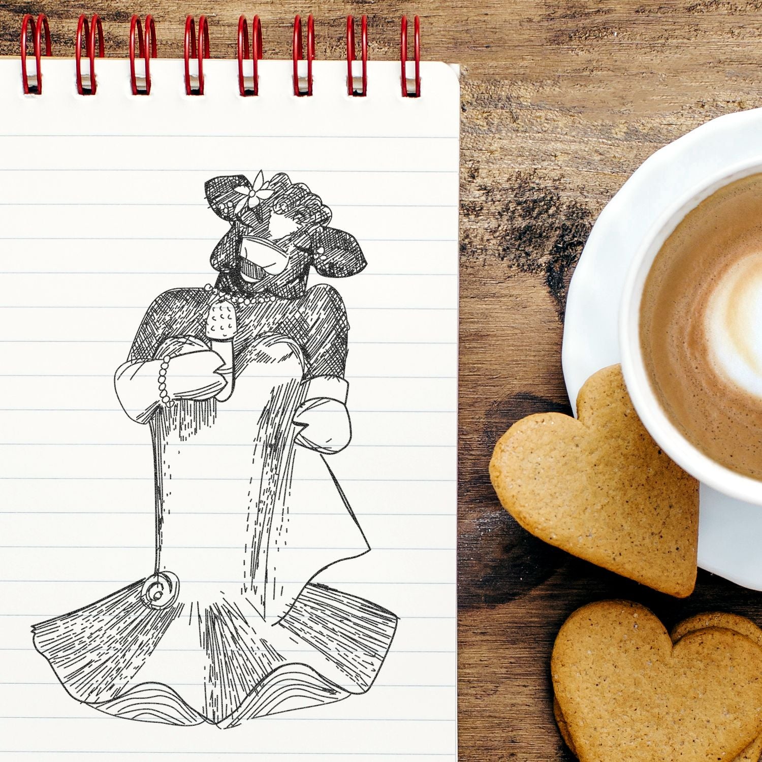 Notebook sketch of a woman holding a coffee cup beside a latte and heart-shaped cookies on a rustic wooden table