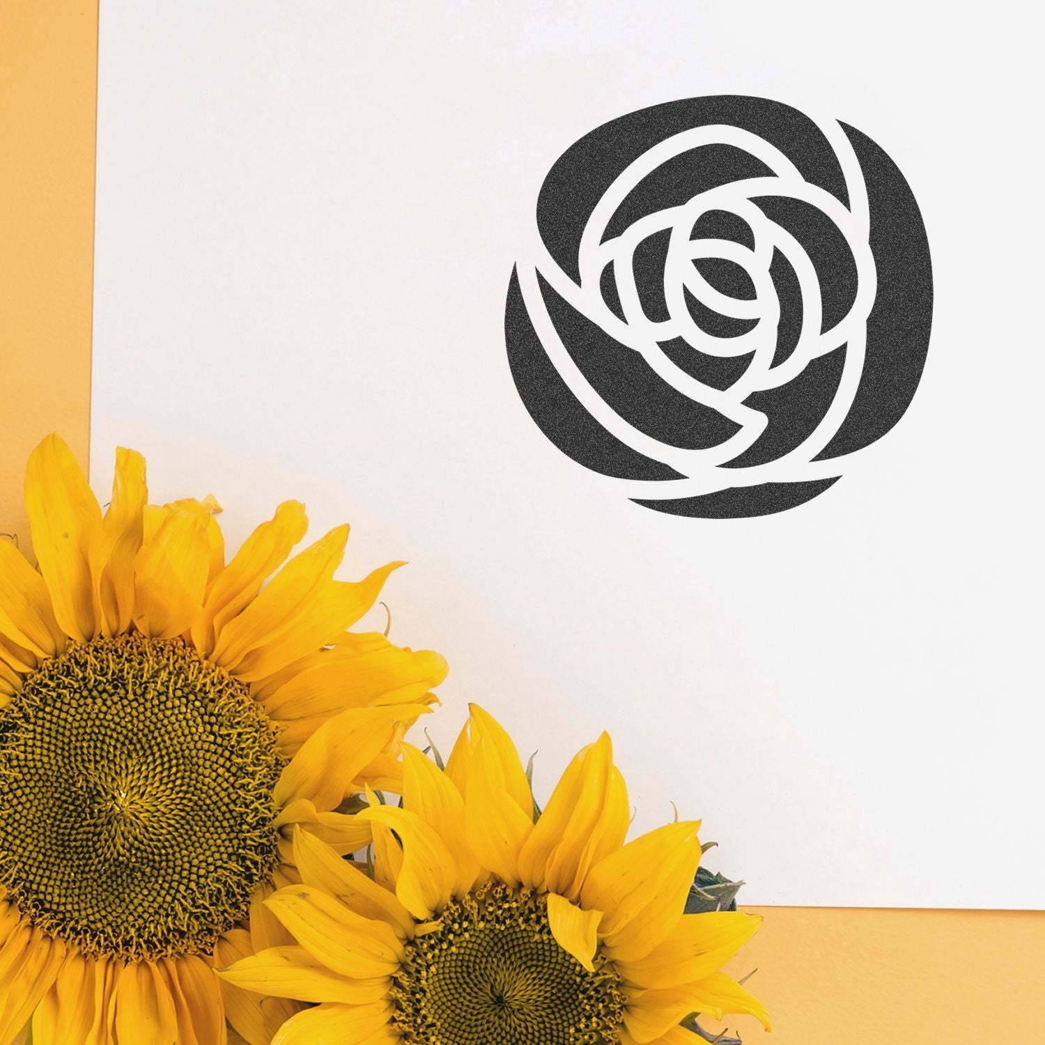 Sunflowers with a black floral logo on a white background, creating a bright botanical branding design.