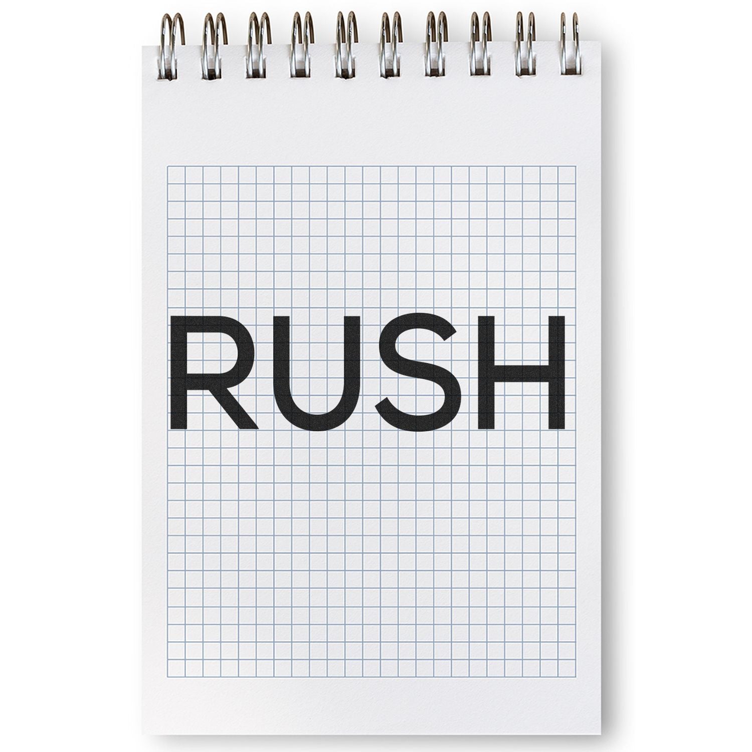 Grid notepad with bold 'RUSH' lettering, branding for fast, urgent service.