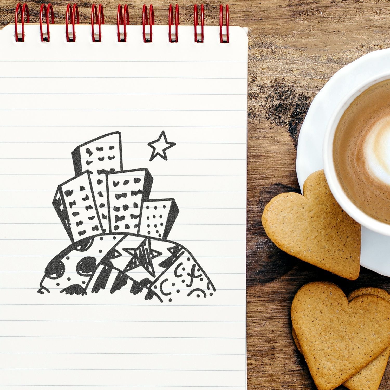 Notebook with hand-drawn birthday cake sketch beside a coffee cup and heart-shaped cookies on a wooden table