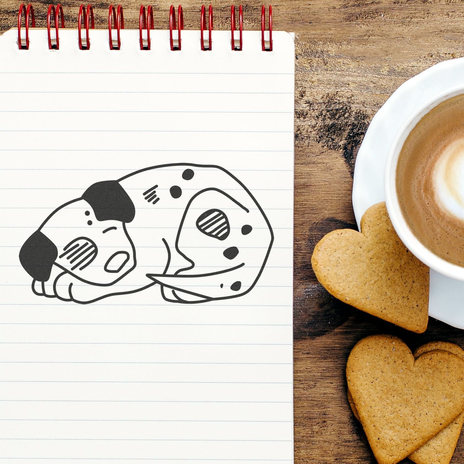 Notebook with sleeping puppy illustration, coffee cup, and heart-shaped cookies on rustic wooden table.
