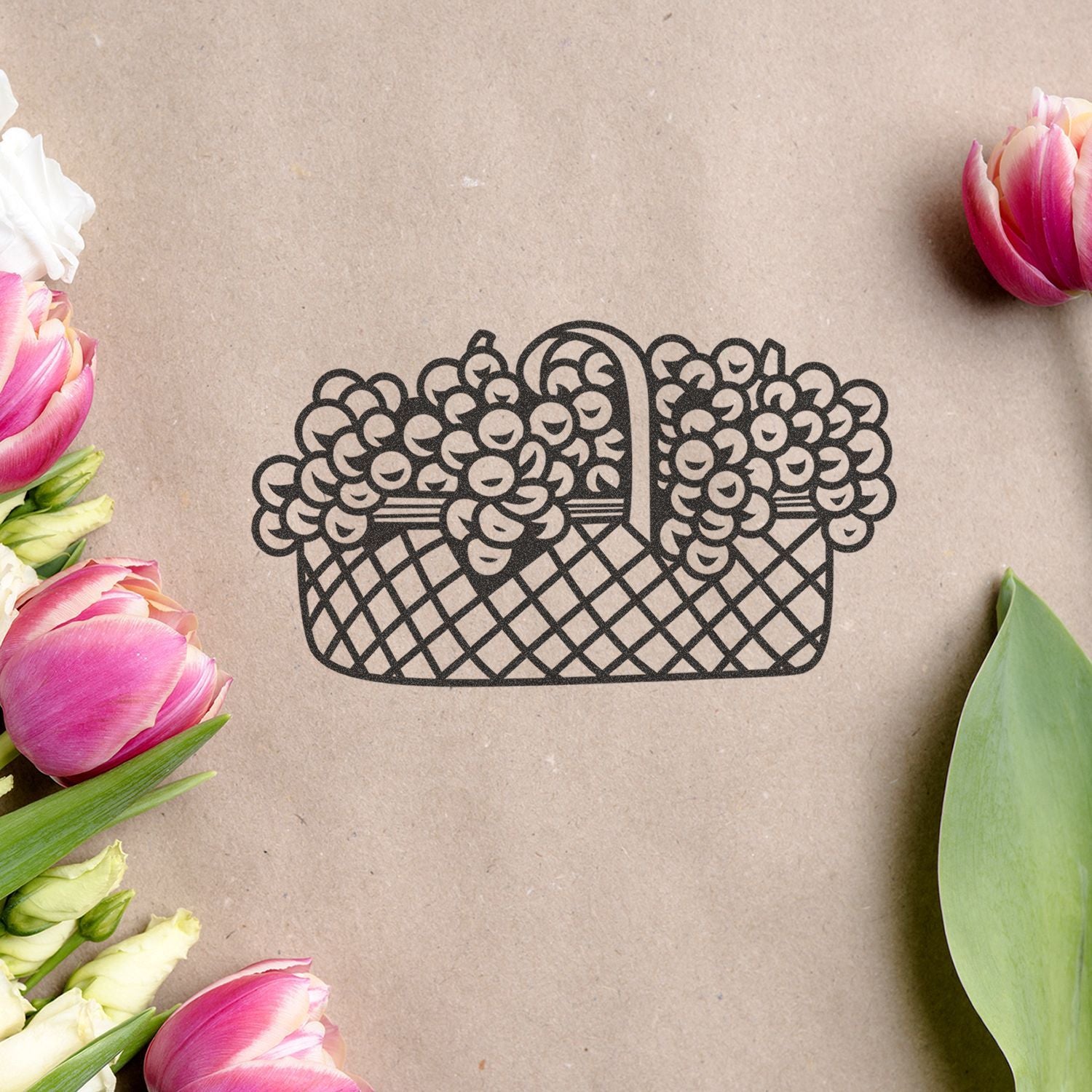 Elegant floral basket illustration on kraft paper background, framed by pink and white tulips for a spring flower design.