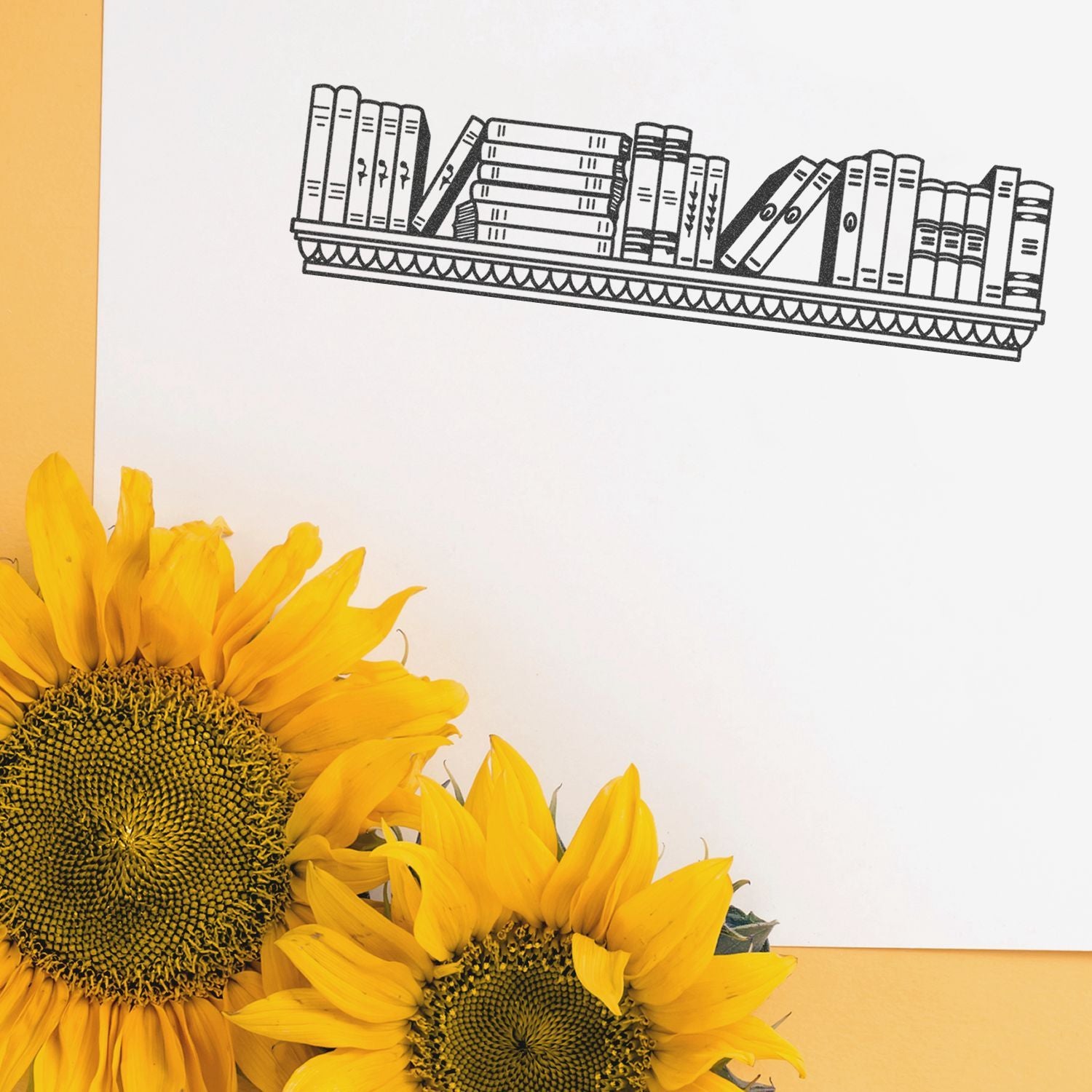 Bright yellow sunflowers with a black-and-white bookshelf illustration on white paper background