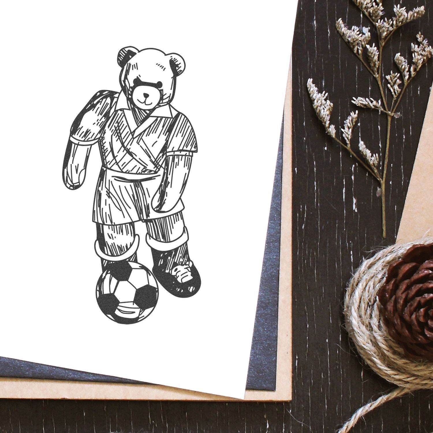 Teddy bear soccer illustration on paper with rustic craft decor on a wooden table