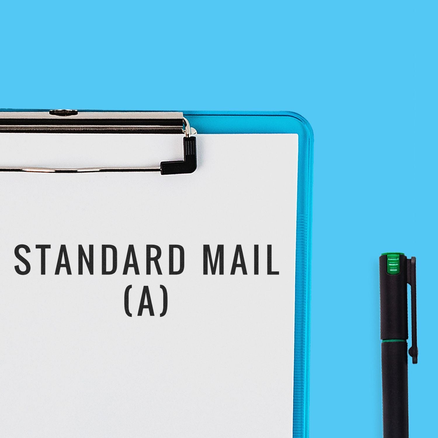 Standard mail envelope with label tab, pen and blue background illustrating mail processing and address labeling (A).