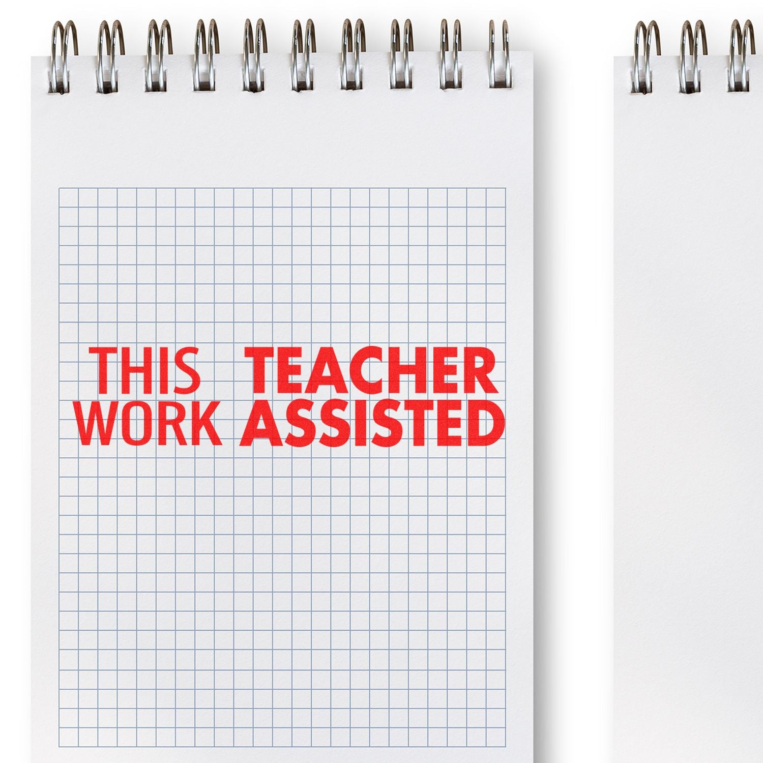 Spiral notebook cover with red This Teacher Work Assisted text on graph paper background