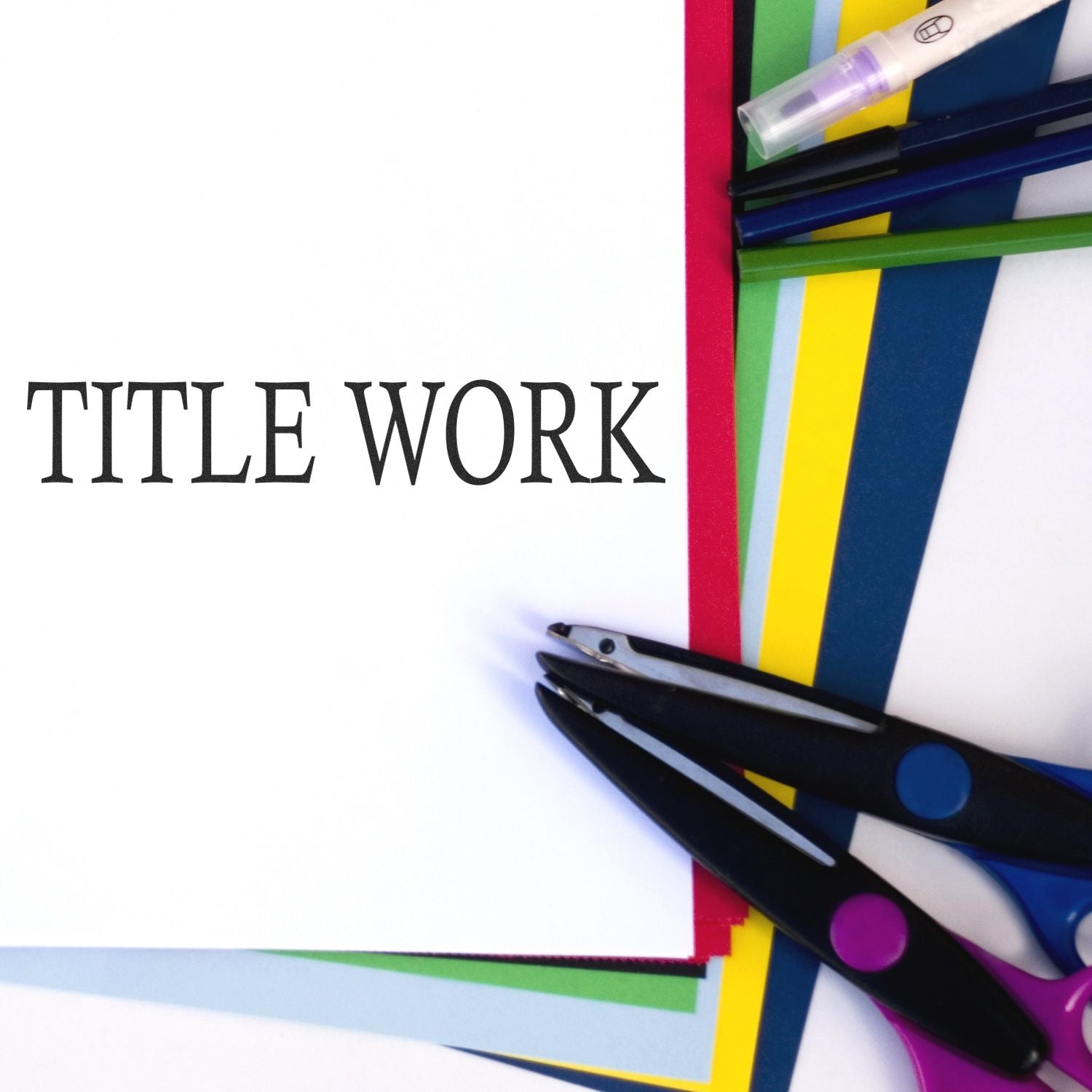 Title work concept with scissors and colored paper, showing classroom craft design and document editing for creative projects.