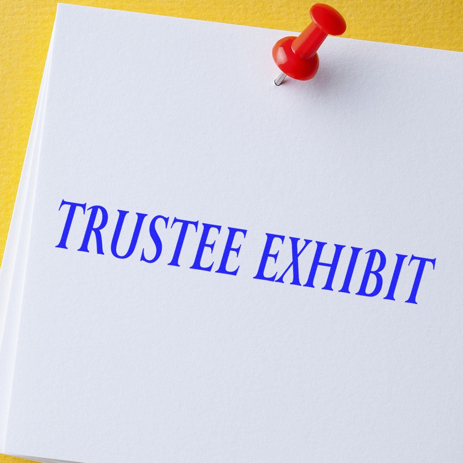 Trustee exhibit document pinned to a white sheet with red push pin on yellow background