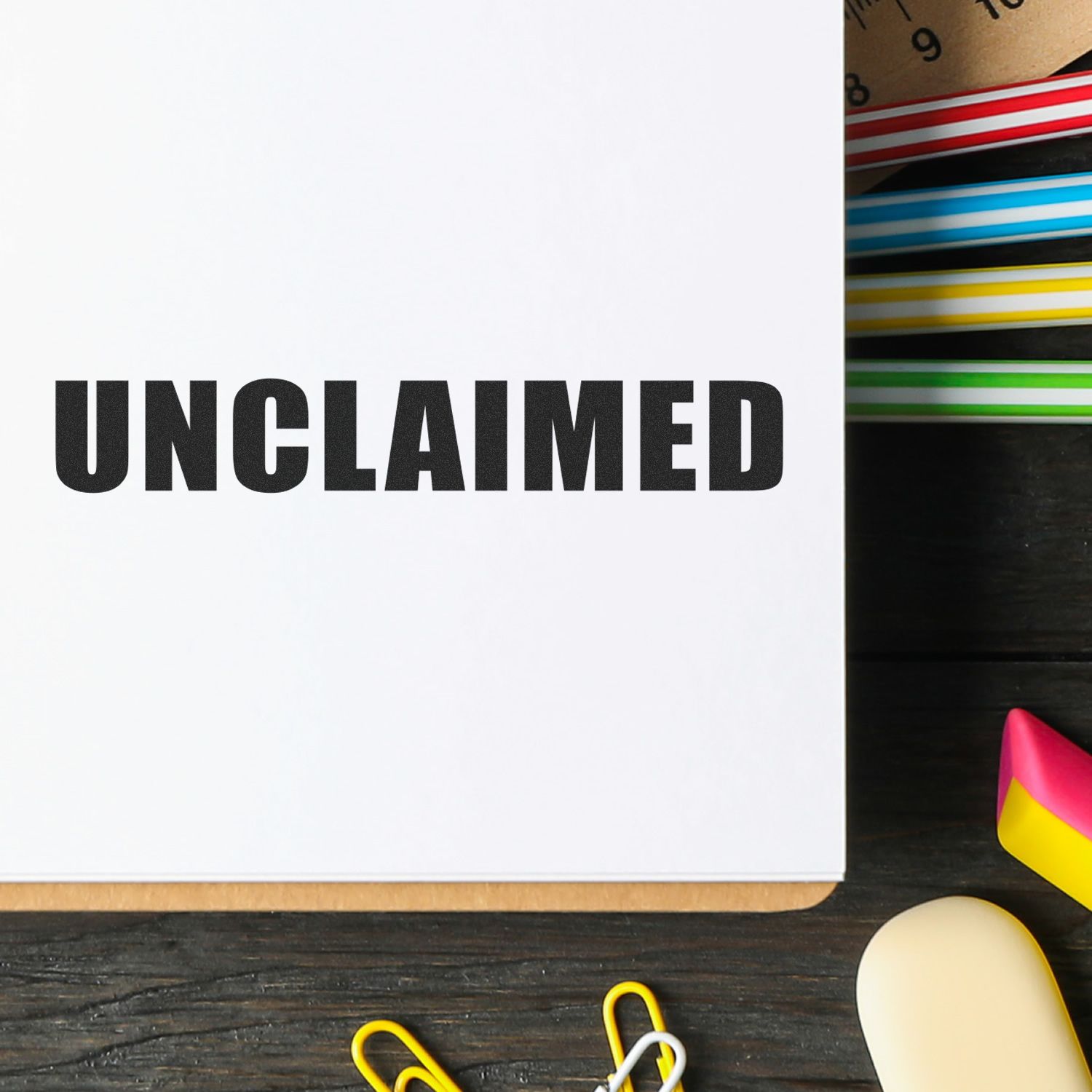 Unclaimed label on white sheet with colorful school stationery, conveying an unclaimed items topic for study content.