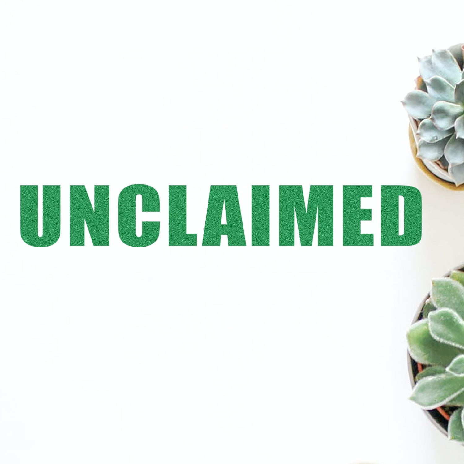 Unclaimed green text on white background with succulent plants on the right.