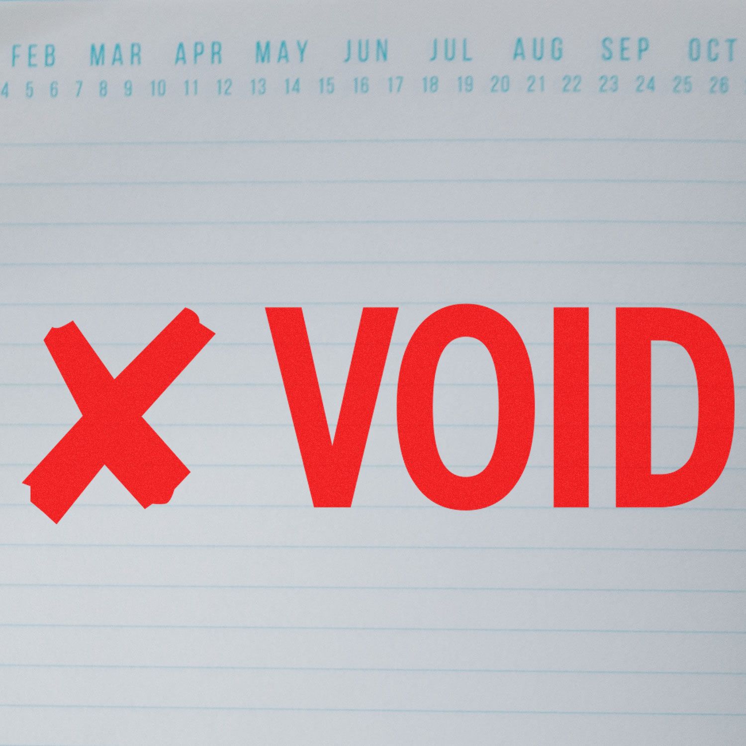 Red VOID stamp with X on lined notebook paper, symbolizing invalid or canceled document.