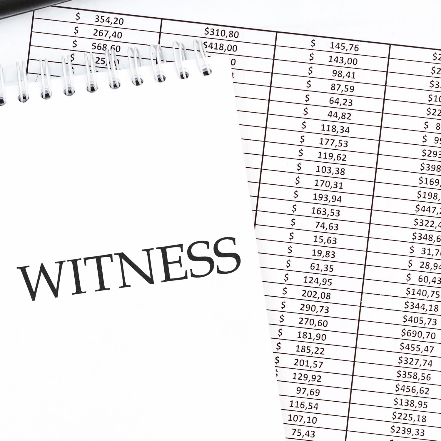 Witness financial statement on clipboard with spreadsheet dollar amounts, indicating accounting or audit tracking for witness expenses.