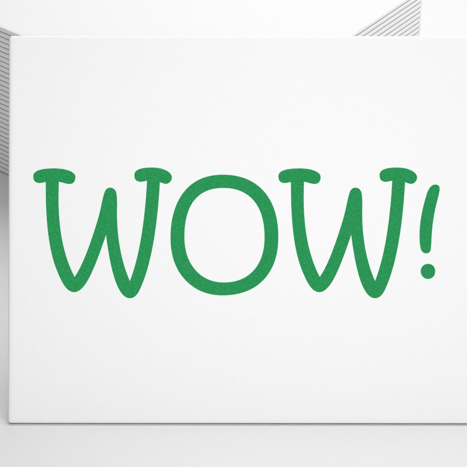 Green WOW! typography on white background, bold marketing sign or wall decor for promotions and customer excitement