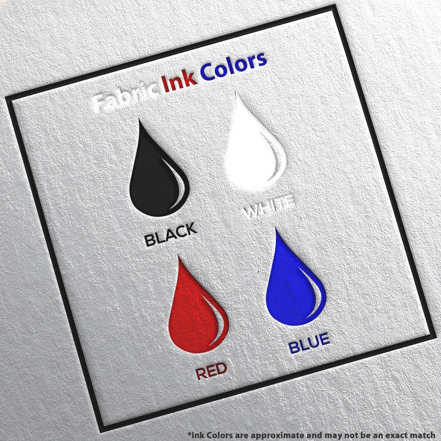 Fabric ink colors chart with black, white, red, and blue droplet samples on textured background.