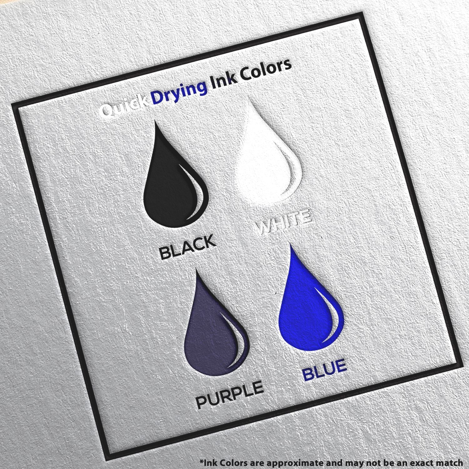 Quick drying ink colors chart with black, white, purple, and blue ink drop icons on a textured paper background.