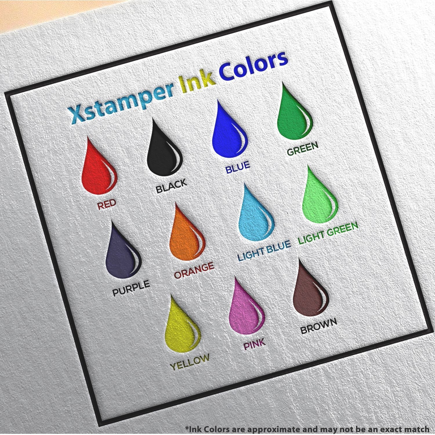 Xstamper ink colors chart showing red, black, blue, green, purple, orange, light blue, light green, yellow, pink, and brown ink drops.
