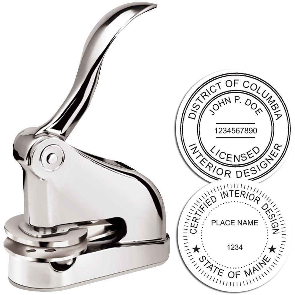 Chrome embossing seal press with custom licensed interior designer stamp examples and round notary-style seals