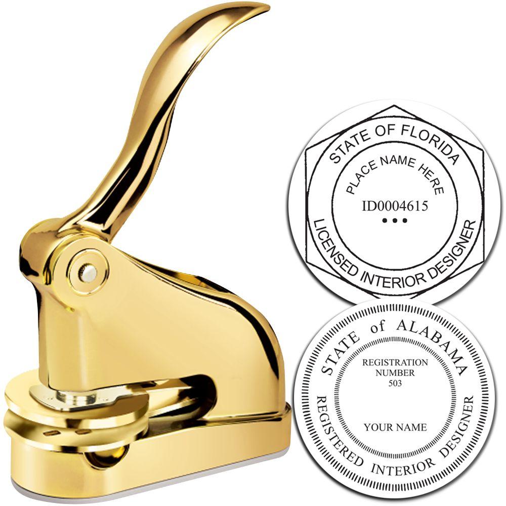 Gold embossing seal press for custom state interior designer license seals, including Florida and Alabama registered designer stamps.