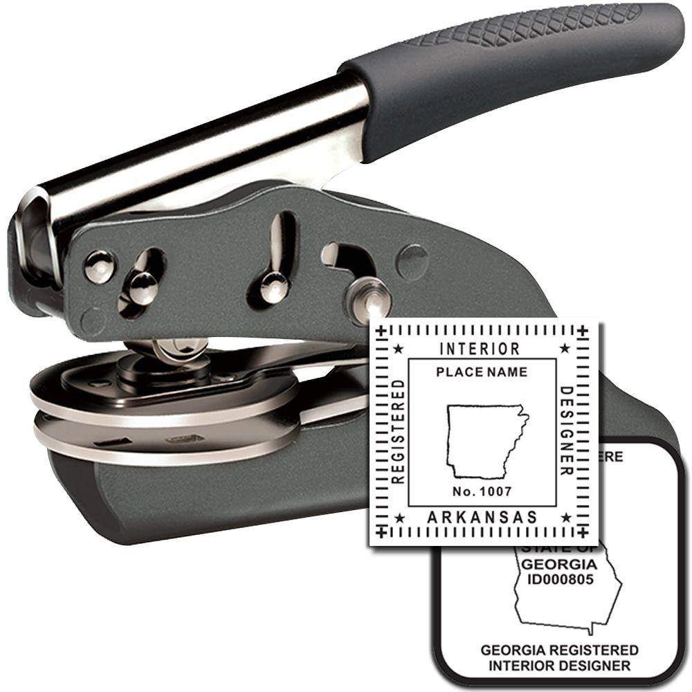 Handheld embossing seal press with custom Arkansas and Georgia registered interior designer stamps