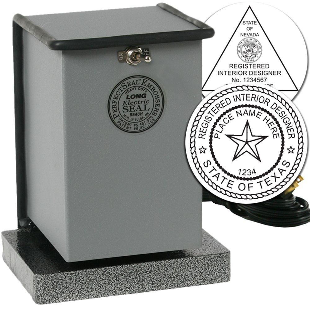 Electric seal embosser machine with custom registered interior designer state seals for Nevada and Texas.