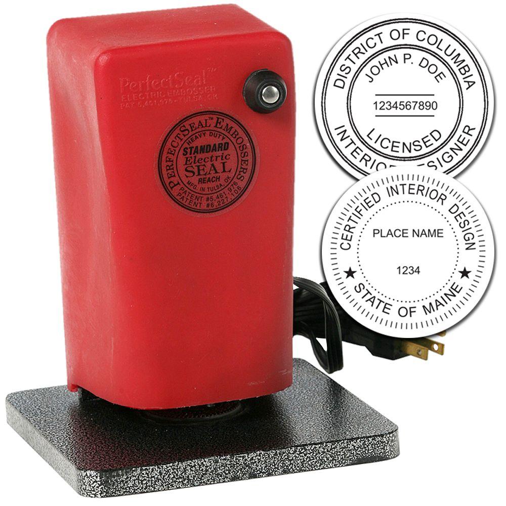 Red electric embossing seal machine with sample custom notary and certified interior designer seals.