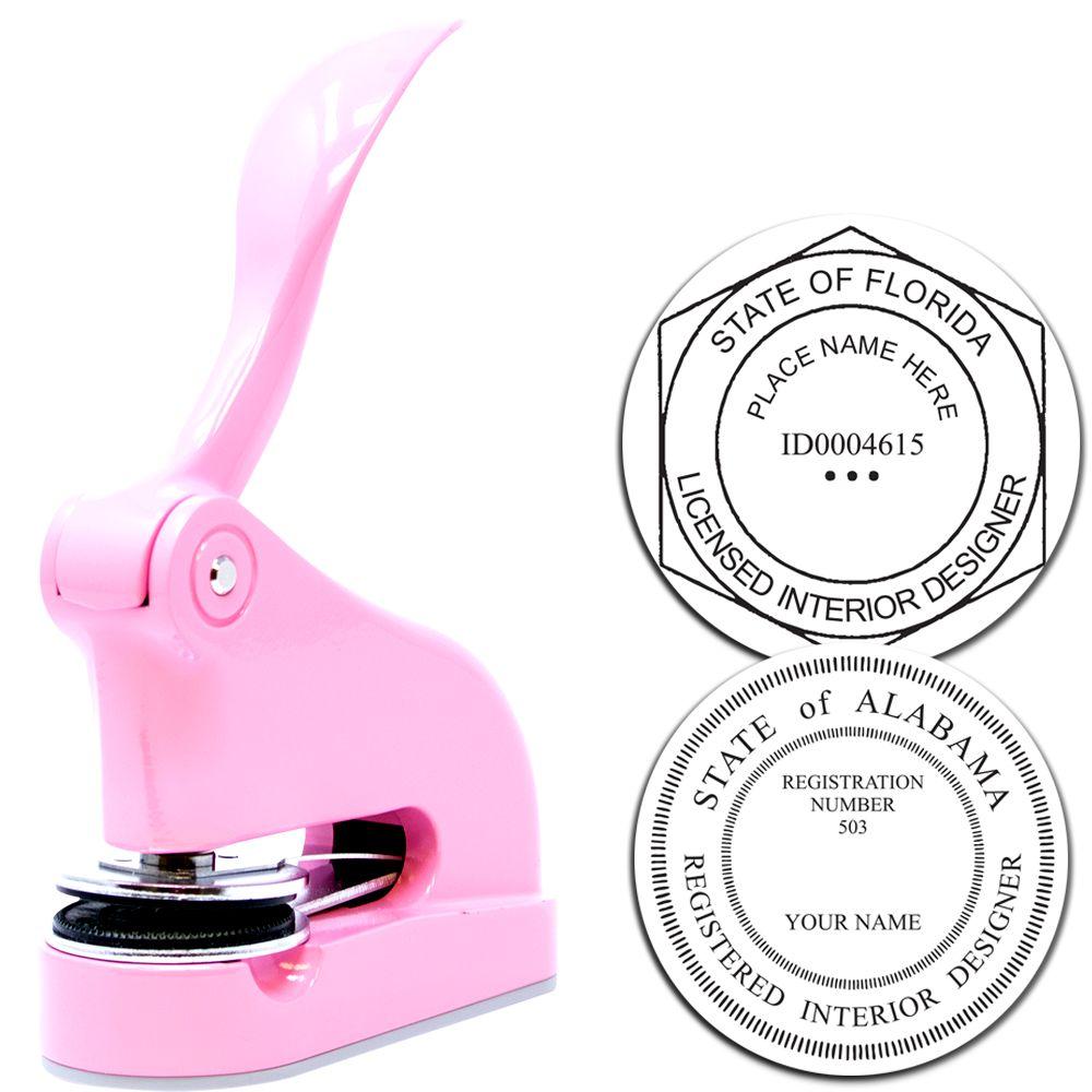 Pink embossing seal stamp with Florida licensed interior designer and Alabama registered interior designer sample seals.