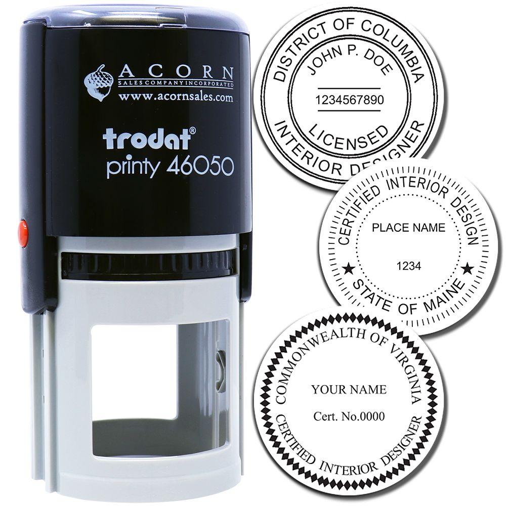 Trodat Printy 46050 self-inking stamp with custom interior designer certification seals for DC, Maine, and Virginia.