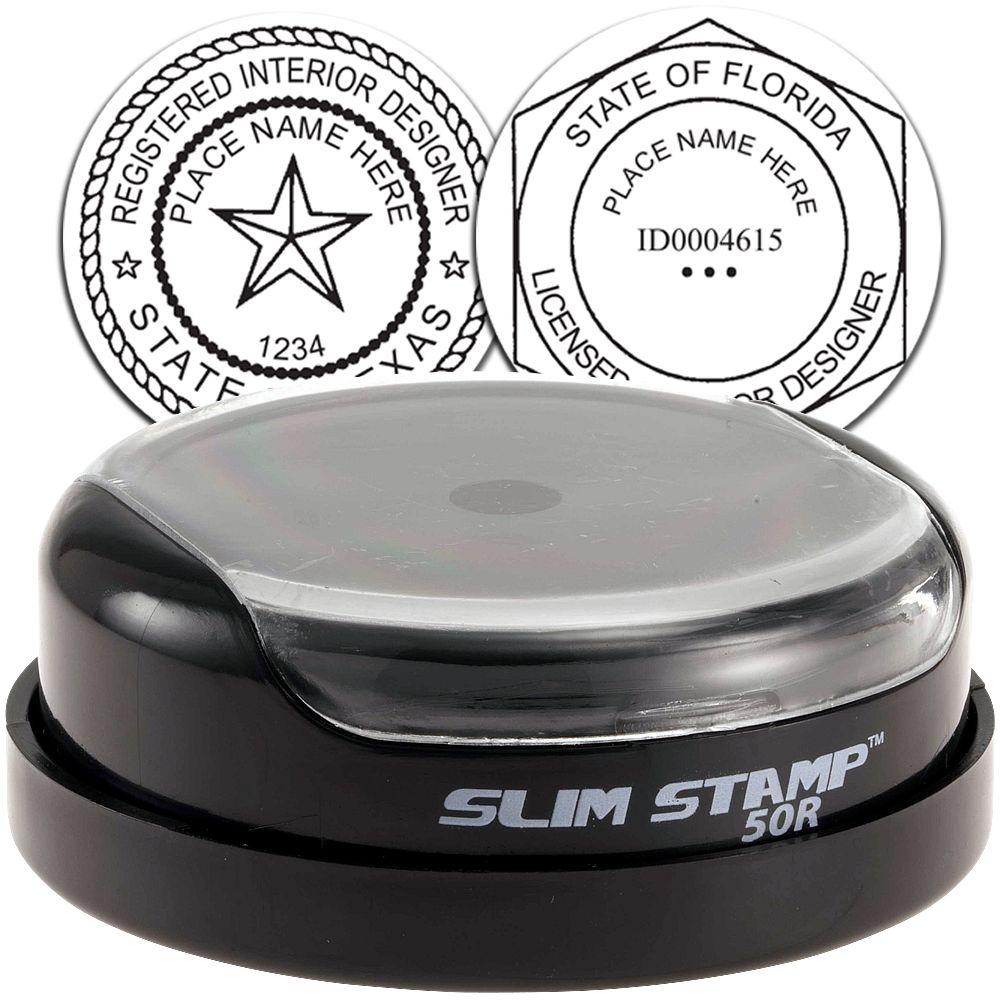 Slim Stamp 50R self-inking seal for registered interior designers, with Texas and Florida license stamp examples.