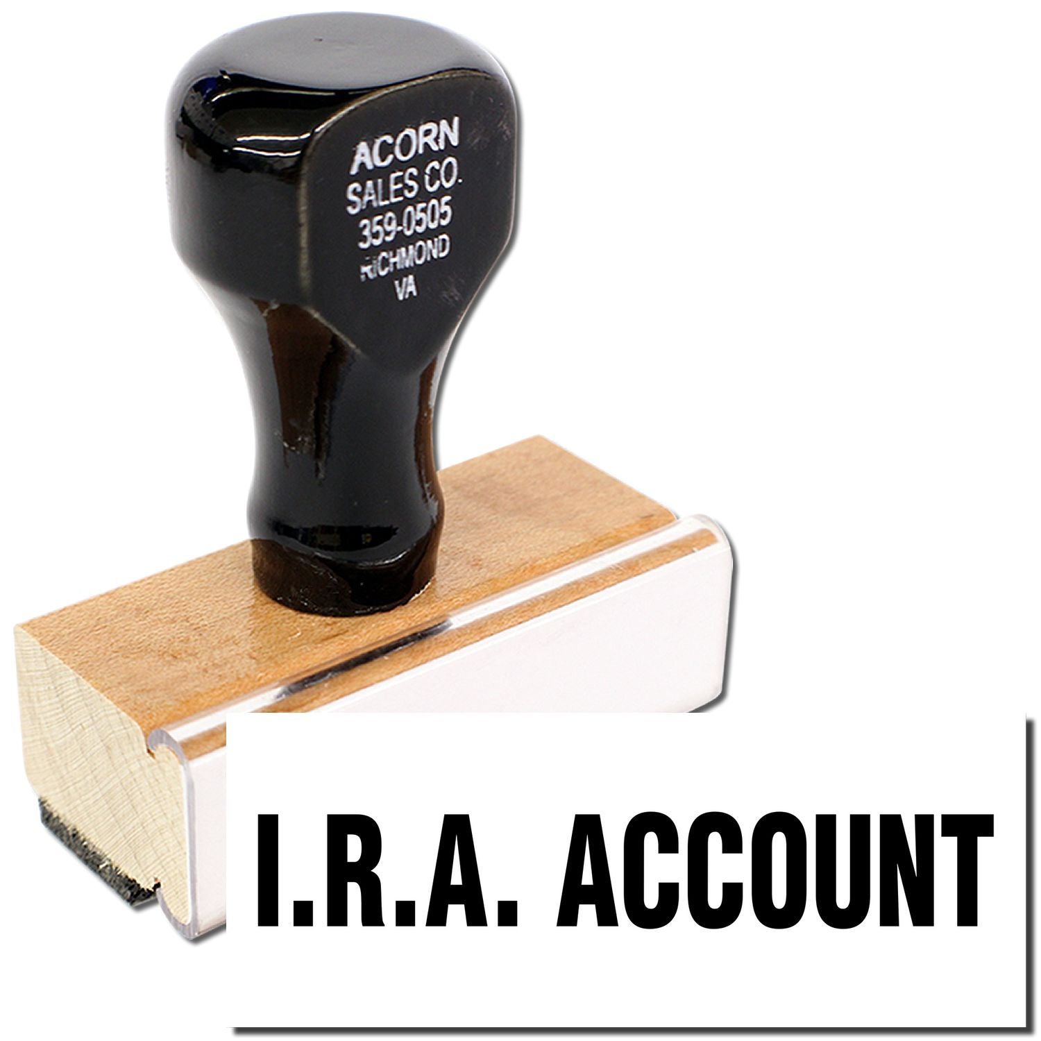 I.R.A. account label with Acorn Sales Co. logo and phone number on black golf club head cover.