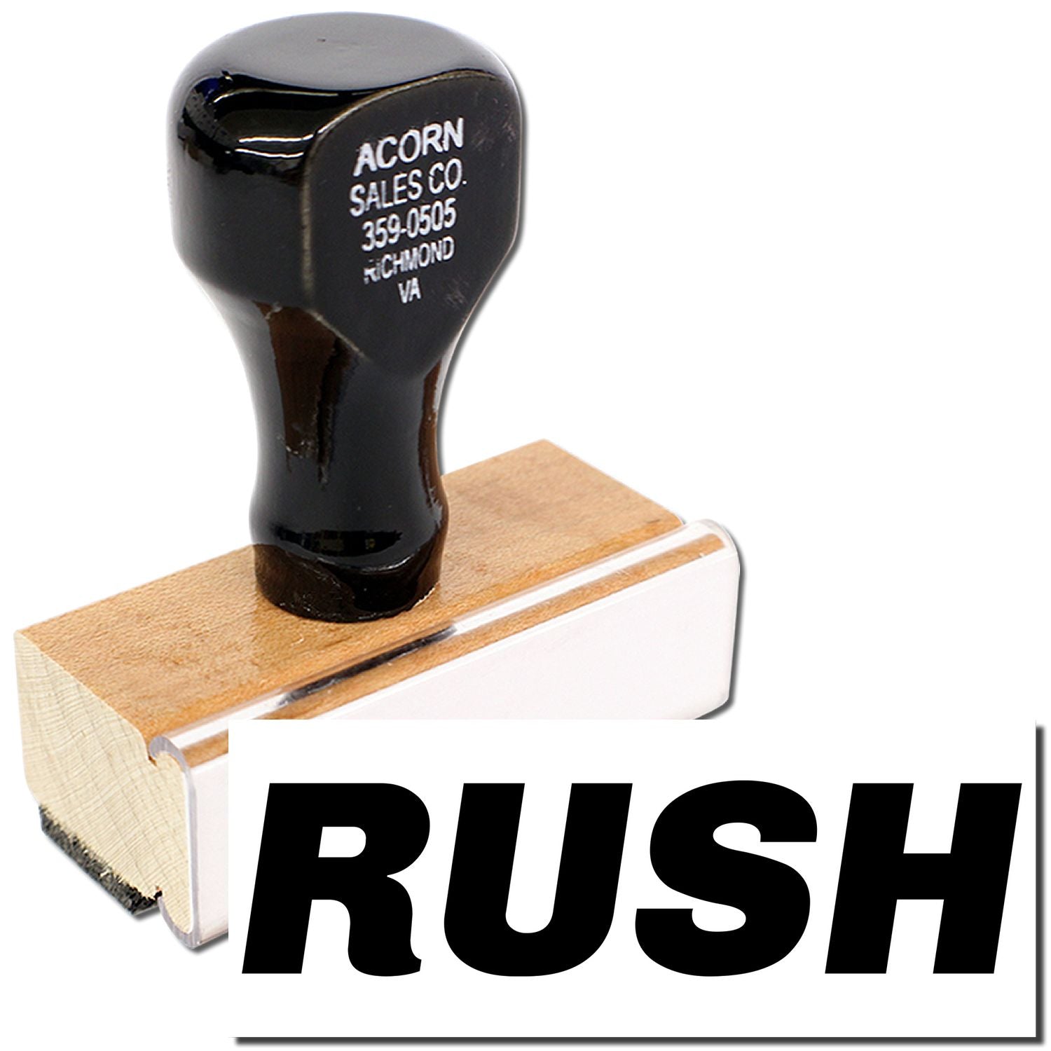 Acorn Sales Co. RUSH branded black handle with grip stamp, product packaging for Richmond VA sales.