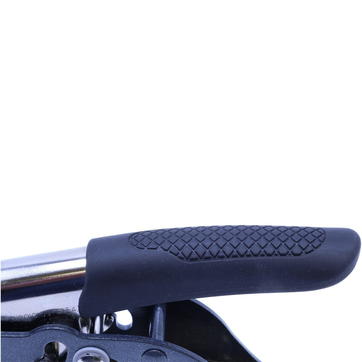 Close-up of a black textured non-slip ergonomic handle on a stainless steel tool.