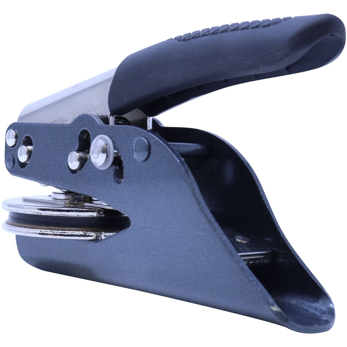 Heavy-duty black metal paper hole punch with ergonomic handle on white background