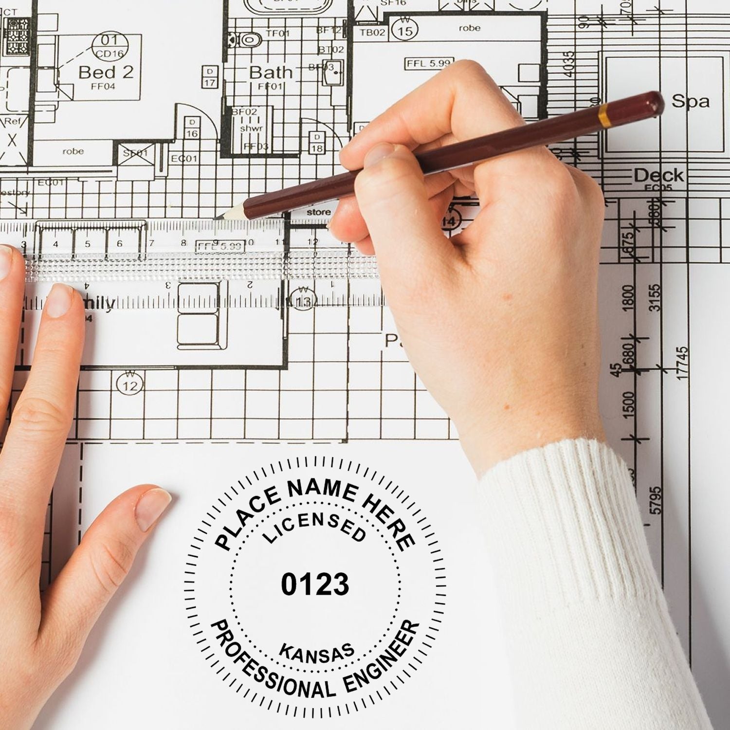 Hands measuring an architectural floor plan with ruler and pencil, professional engineer reviewing house blueprint design.