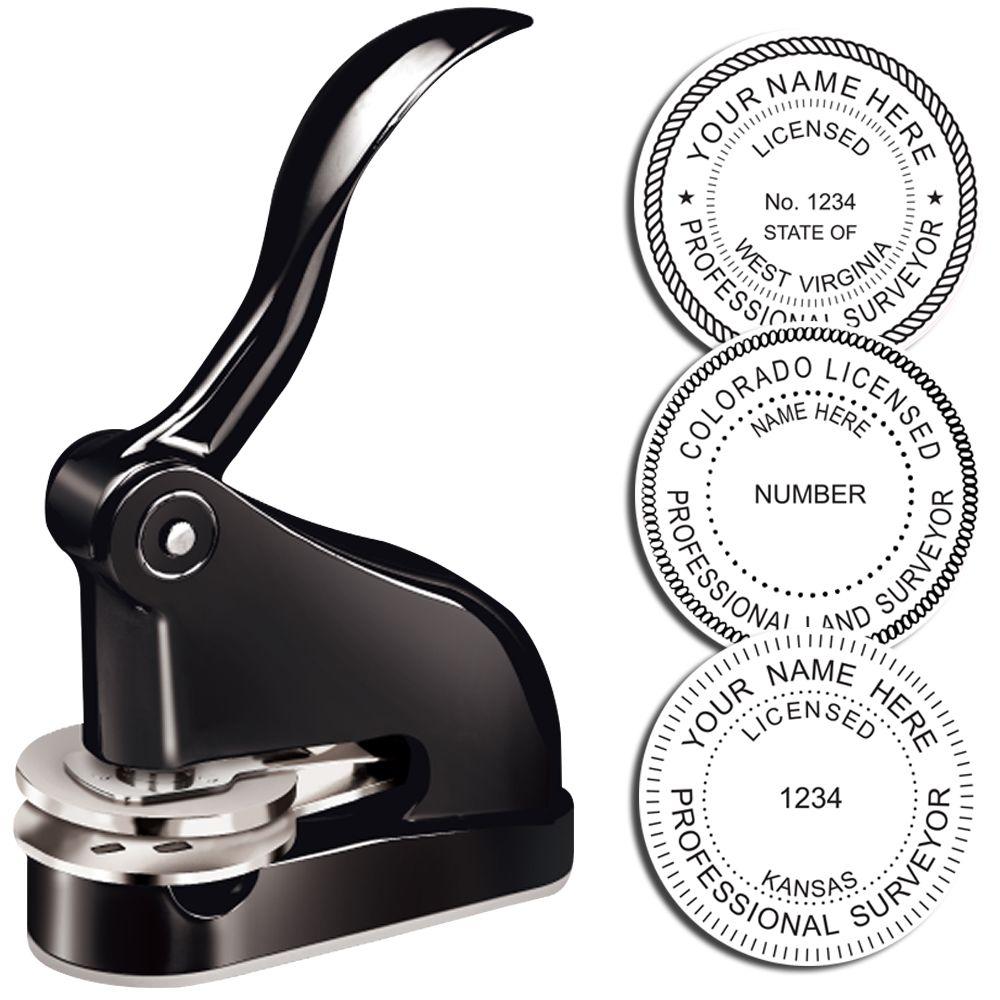 Professional surveyor embosser stamp with custom licensed seal designs for West Virginia, Colorado, and Kansas.