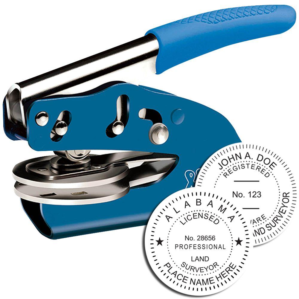 Blue handheld embossing seal stamp with custom professional land surveyor and registered seal impressions.