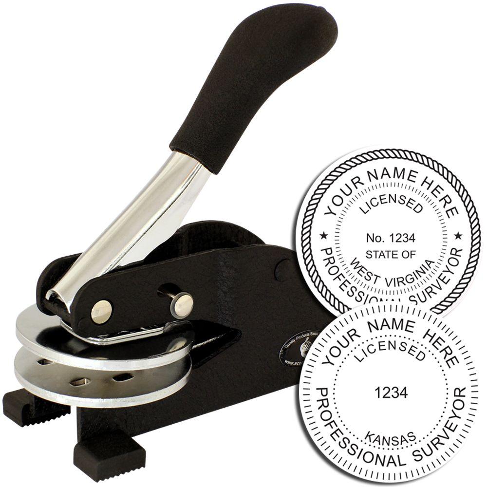 Custom professional surveyor embosser stamp with interchangeable state license seals for West Virginia and Kansas