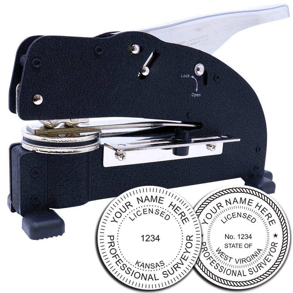 Heavy-duty professional surveyor embosser stamp press with custom state seal examples for Kansas and West Virginia.