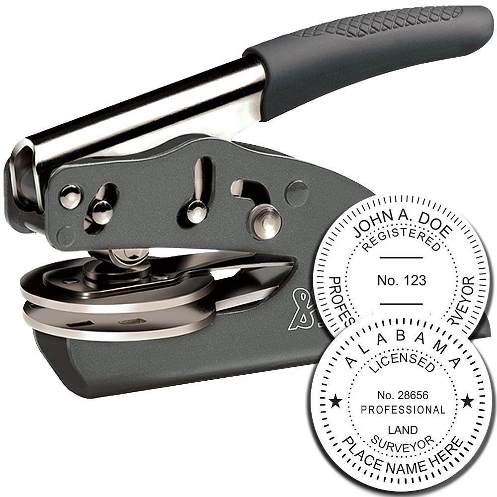 Custom embosser seal stamp for professional land surveyor and registered license certification, with personalized round imprint design.