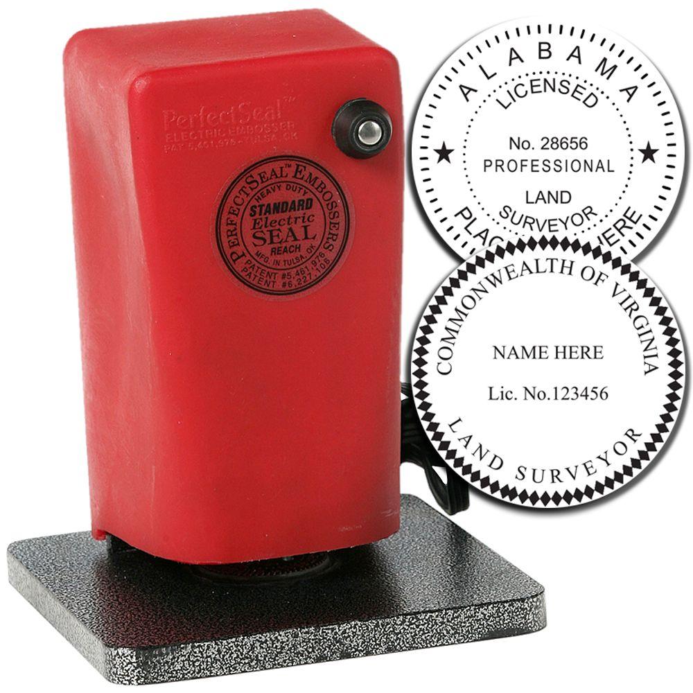 Red electric embossing seal press with custom land surveyor stamp designs for professional office use