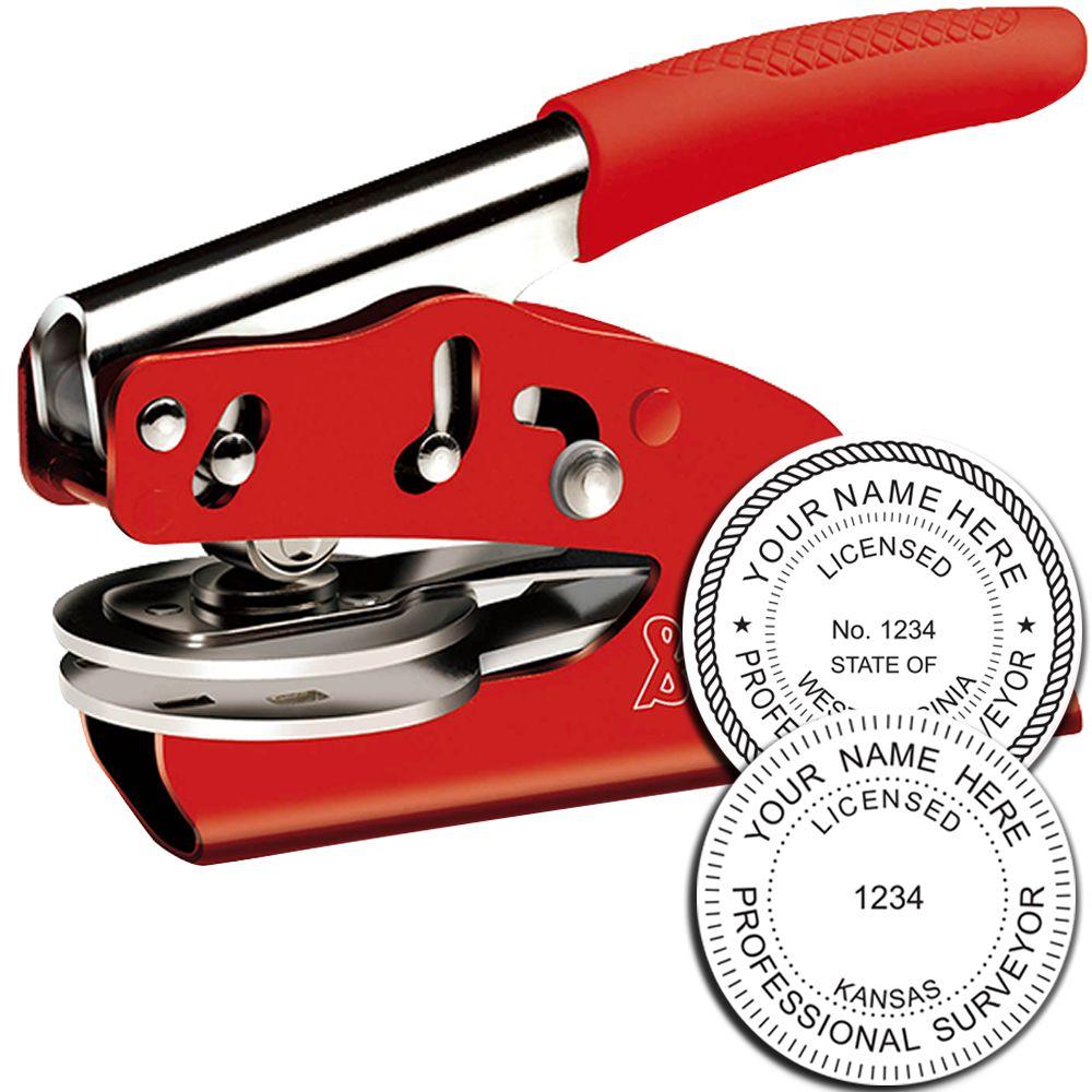 Red custom embossing seal stamp for professional surveyor license and state certification.