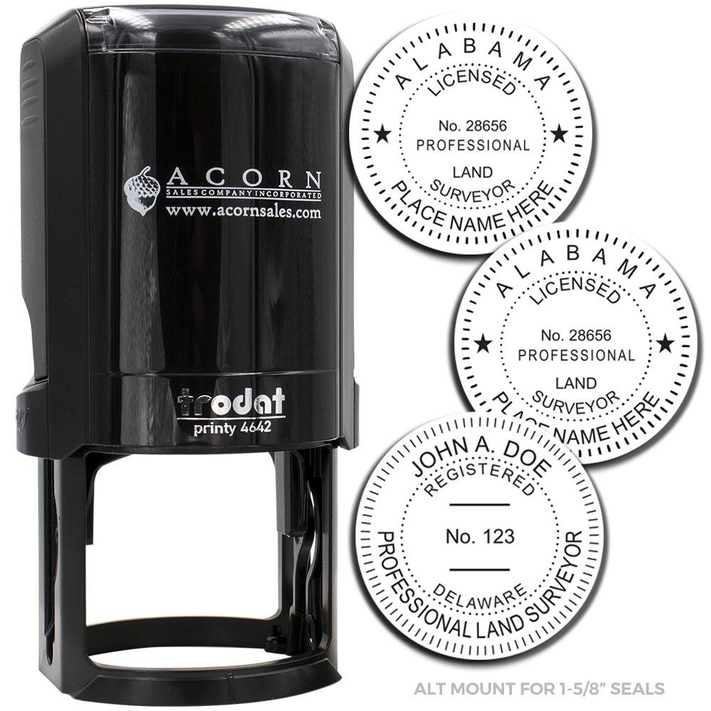 Black Trodat Printy 4642 alt mount for 1-5/8 inch Alabama professional land surveyor seals, custom stamp holder with sample seal impressions