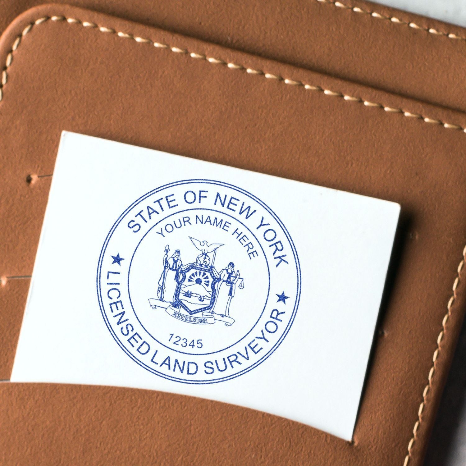Personalized leather wallet with New York State licensed land surveyor seal stamp design