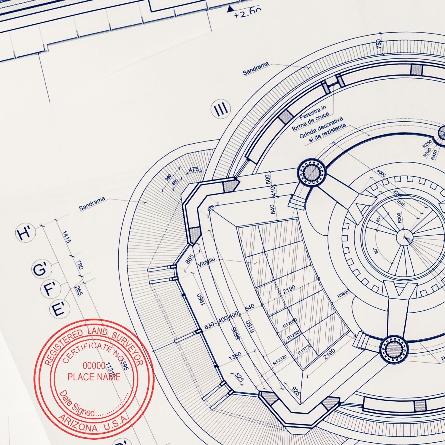 Architectural blueprint of a circular building floor plan with technical measurements and a red registered land surveyor stamp.