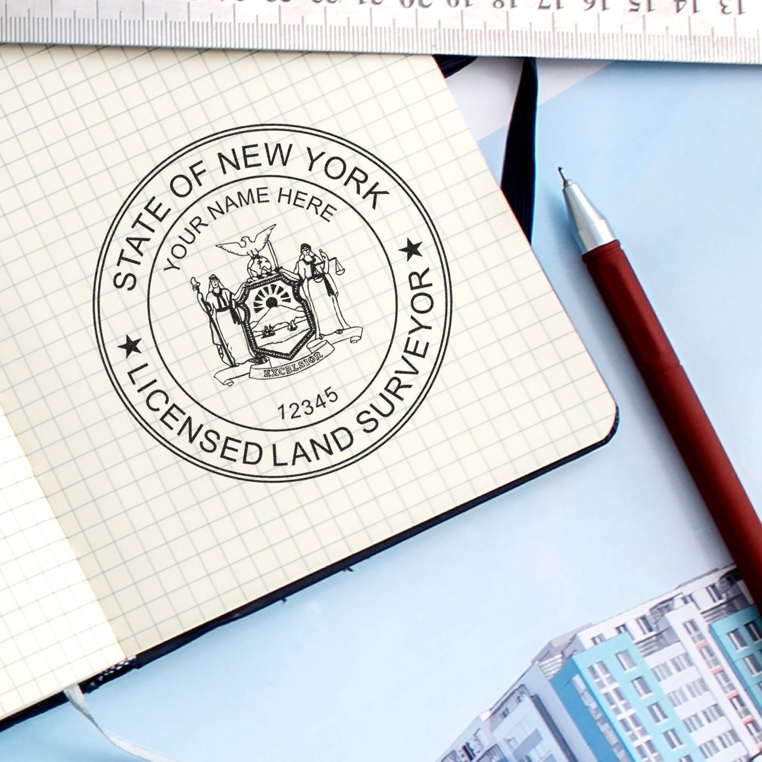 State of New York licensed land surveyor seal on graph paper with pen and ruler, engineering and surveying concept.