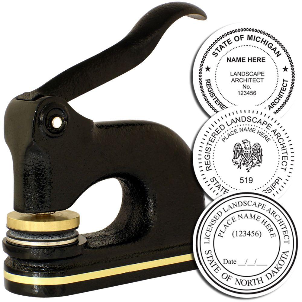 Landscape architect seal embosser with custom state registration stamps for Michigan, Mississippi, and North Dakota