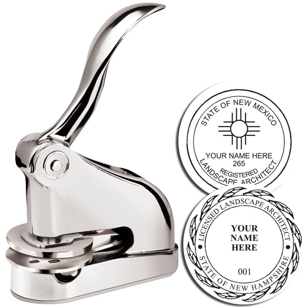 Custom landscape architect embosser stamp with state seals for New Mexico and New Hampshire on a polished chrome handle.